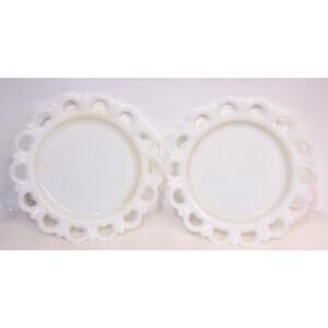 Vintage Milk Glass Open Lace Scalloped Edge Tray Plate Anchor Hocking Desert Set